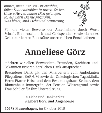 Traueranzeige von Anneliese Görz von Märkische Oderzeitung