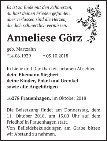 Traueranzeige von Anneliese Görz von Märkische Oderzeitung