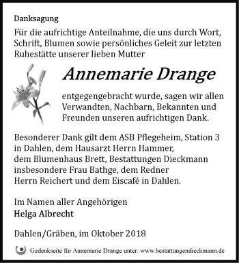 Traueranzeige von Annemarie Drange von Märkische Oderzeitung