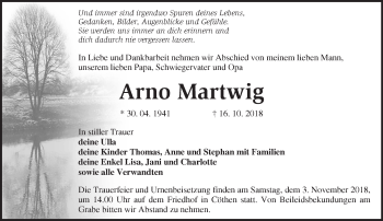 Traueranzeige von Arno Martwig von Märkische Oderzeitung