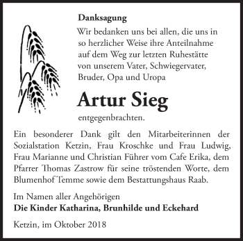 Traueranzeige von Artur Sieg von Märkische Oderzeitung