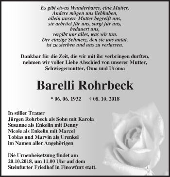 Traueranzeige von Barelli Rohrbeck von Märkische Oderzeitung