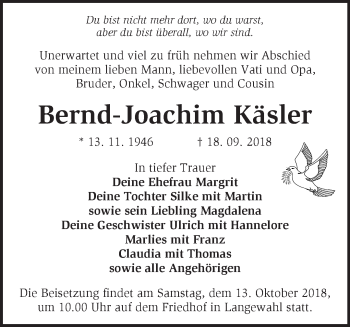 Traueranzeige von Bernd-Joachim Käsler von Märkische Oderzeitung