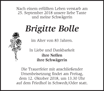 Traueranzeige von Brigitte Bolle von Märkische Oderzeitung