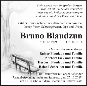 Traueranzeige von Bruno Blaudzun von Märkische Oderzeitung