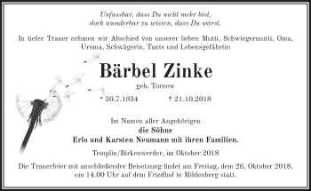 Traueranzeige von Bärbel Zinke von Märkische Oderzeitung