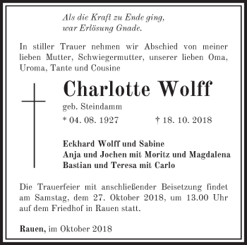 Traueranzeige von Charlotte Wolff von Märkische Oderzeitung