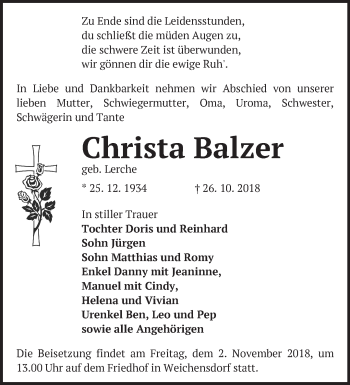 Traueranzeige von Christa Balzer von Märkische Oderzeitung