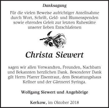 Traueranzeige von Christa Siewert von Märkische Oderzeitung