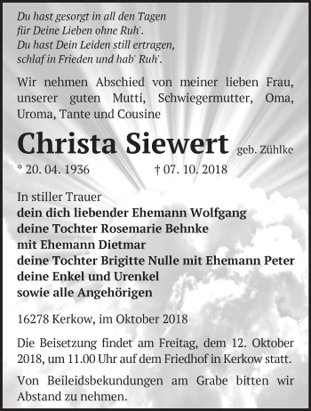 Traueranzeige von Christa Siewert von Märkische Oderzeitung