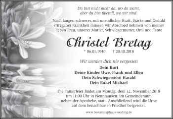 Traueranzeige von Christel Bretag von Märkische Oderzeitung