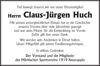 Traueranzeige von Claus-Jürgen Huch von Märkische Oderzeitung