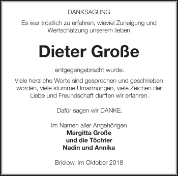 Traueranzeige von Dieter Große von Märkische Oderzeitung