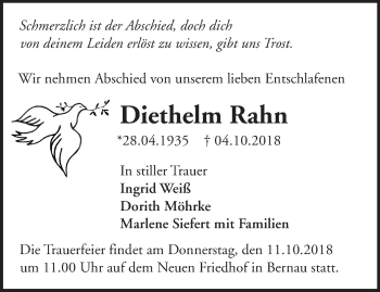 Traueranzeige von Diethelm Rahn von Märkische Oderzeitung