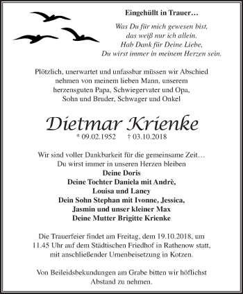 Traueranzeige von Dietmar Krienke von Märkische Oderzeitung