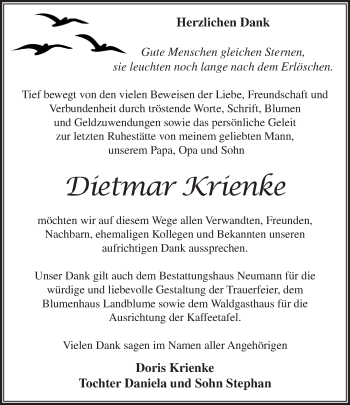 Traueranzeige von Dietmar Krienke von Märkische Oderzeitung