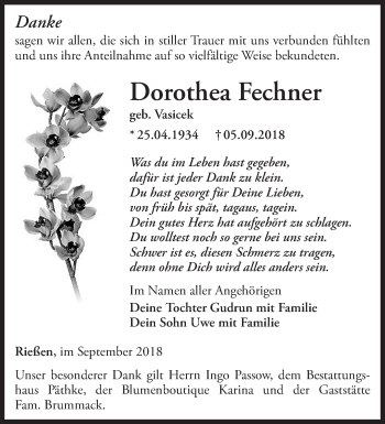 Traueranzeige von Dorothea Fechner von Märkische Oderzeitung