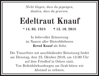 Traueranzeige von Edeltraut Knauf von Märkische Oderzeitung