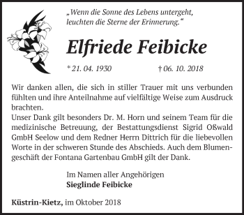 Traueranzeige von Elfriede Feibicke von Märkische Oderzeitung