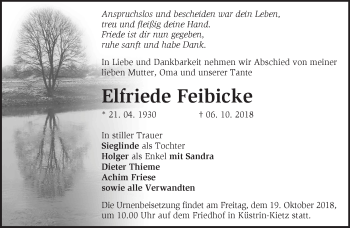 Traueranzeige von Elfriede Feibicke von Märkische Oderzeitung