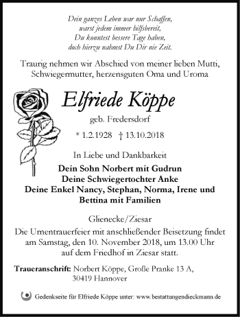 Traueranzeige von Elfriede Köppe von Märkische Oderzeitung