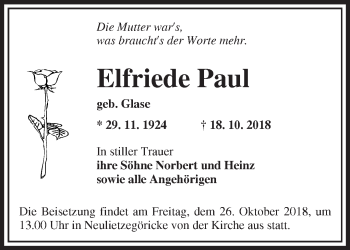 Traueranzeige von Elfriede Paul von Märkische Oderzeitung