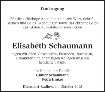 Traueranzeige von Elisabeth Schaumann von Märkische Oderzeitung