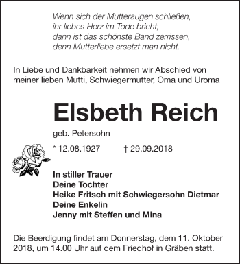 Traueranzeige von Elsbeth Reich von Märkische Oderzeitung