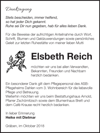 Traueranzeige von Elsbeth Reich von Märkische Oderzeitung