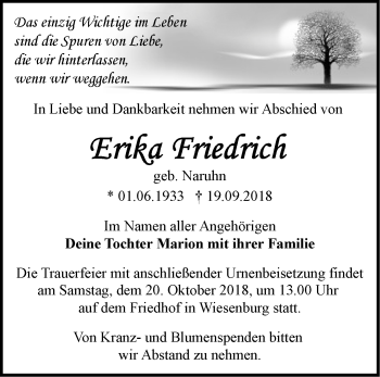 Traueranzeige von Erika Friedrich von Märkische Oderzeitung