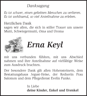 Traueranzeige von Erna Keyl von Märkische Oderzeitung