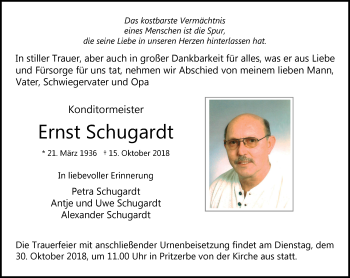 Traueranzeige von Ernst Schugardt von Märkische Oderzeitung