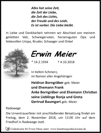 Traueranzeige von Erwin Meier von Märkische Oderzeitung