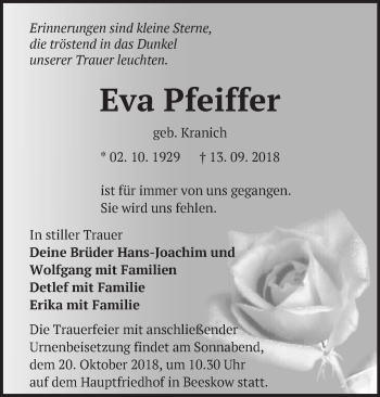 Traueranzeige von Eva Pfeiffer von Märkische Oderzeitung