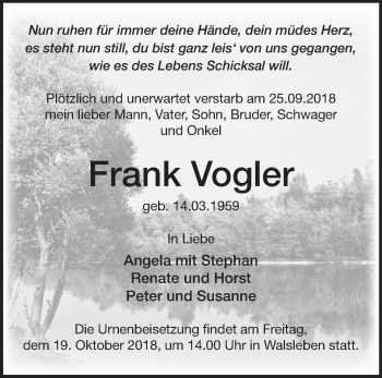 Traueranzeige von Frank Vogler von Märkische Oderzeitung