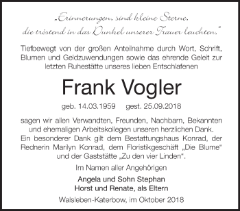 Traueranzeige von Frank Vogler von Märkische Oderzeitung