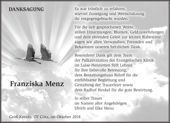 Traueranzeige von Franziska Menz von Märkische Oderzeitung