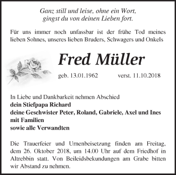 Traueranzeige von Fred Müller von Märkische Oderzeitung