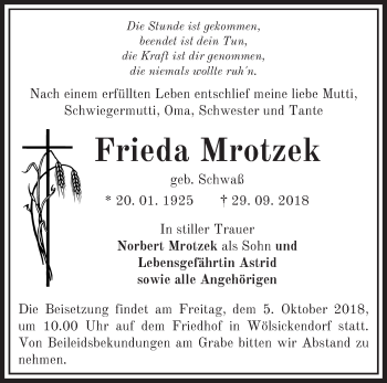 Traueranzeige von Frieda Mrotzek von Märkische Oderzeitung