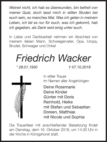 Traueranzeige von Friedrich Wacker von Märkische Oderzeitung