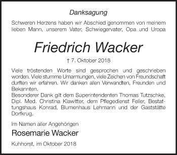 Traueranzeige von Friedrich Wacker von Märkische Oderzeitung