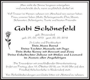 Traueranzeige von Gabi Schönefeld von Märkische Oderzeitung