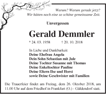 Traueranzeige von Gerald Demmler von Märkische Oderzeitung