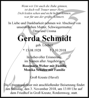 Traueranzeige von Gerda Schmidt von Märkische Oderzeitung