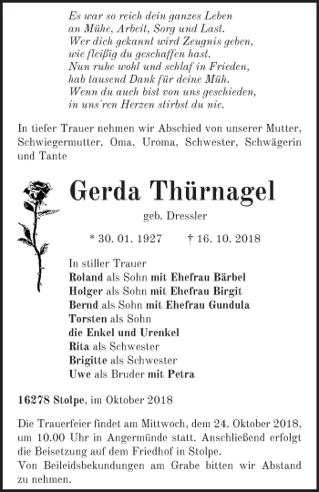 Traueranzeige von Gerda Thürnagel von Märkische Oderzeitung