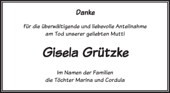 Traueranzeige von Gisela Grützke von Märkische Oderzeitung