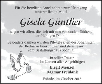 Traueranzeige von Gisela Günther von Märkische Oderzeitung