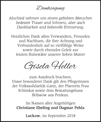 Traueranzeige von Gisela Heller von Märkische Oderzeitung