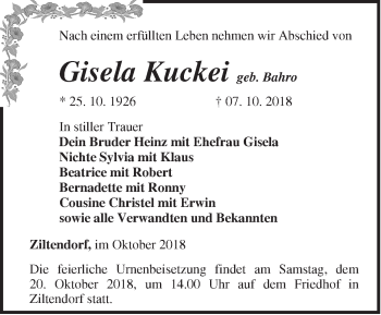 Traueranzeige von Gisela Kuckei von Märkische Oderzeitung