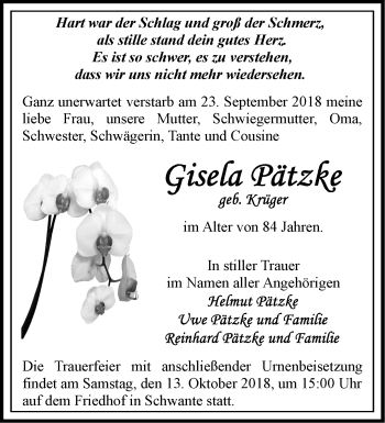 Traueranzeige von Gisela Pätzke von Märkische Oderzeitung